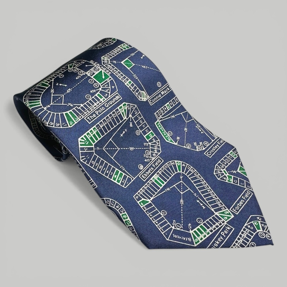 Josh Bach Mens Silk Tie Historic Baseball Stadium Blueprints Navy Ebbets Field